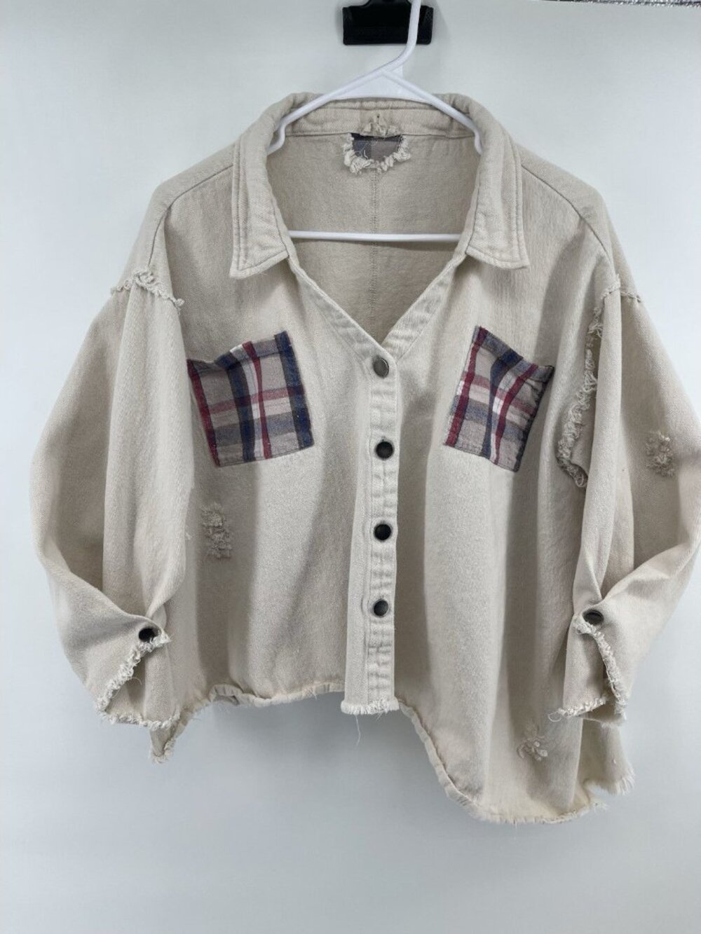 POL shacket Jacket women S distressed Oversized Accent Pocket Boho Hippie Beige